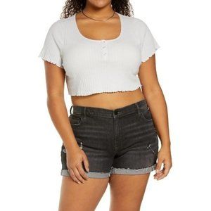 BP. Pointelle Rib Crop Henley in Grey Fog - NWT
